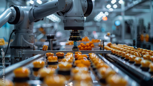 Industrial robotic arm sorting and handling food products on a production line, showcasing modern automation technology in food manufacturing. photo