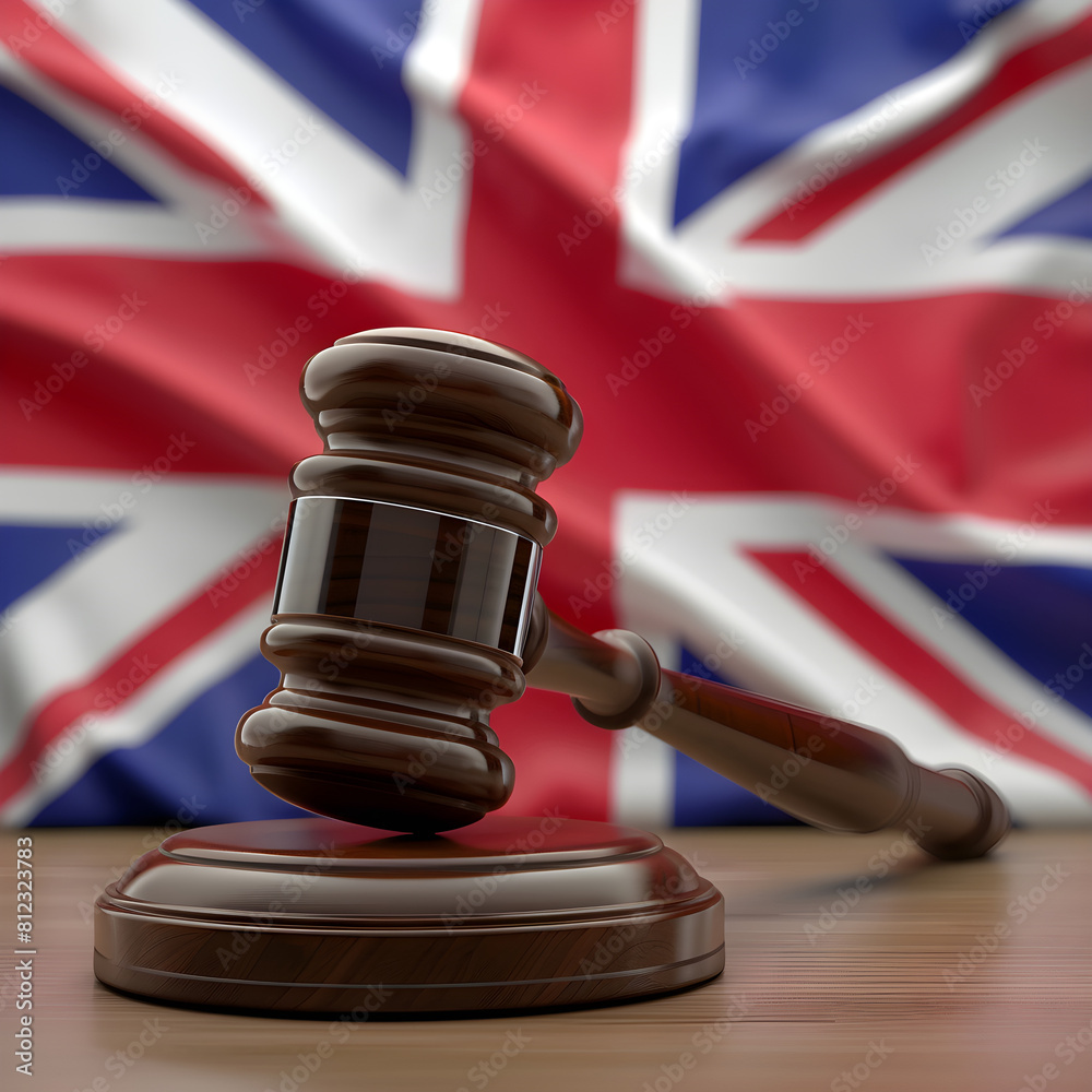 Symbolic Representation of the UK Criminal Law - Gavel in front of the United Kingdom Flag