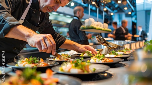 Chef creating flounder dishes at a high-profile tech conference innovative and modern