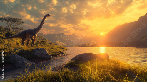 A peaceful scene of Brachiosaurus grazing  Vast Mesozoic valley with a river and distant mountains
