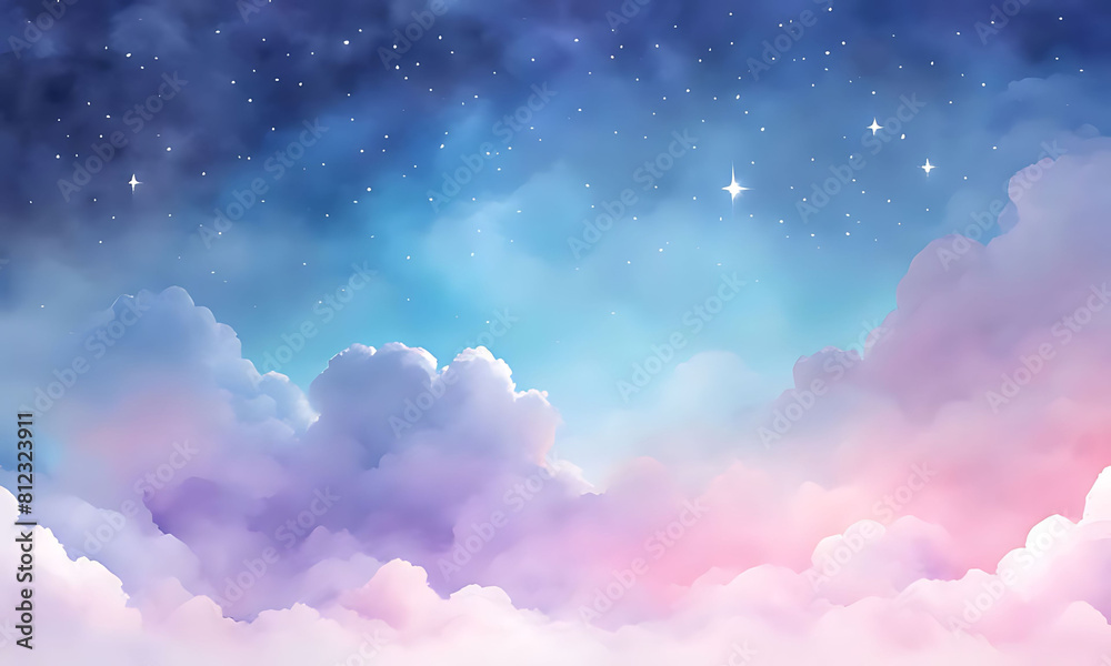 Watercolor sky with clouds and stars, dreamy, soft blue purple and pink color background , banner Watercolor sky with clouds and stars, dreamy, soft blue purple and pink color background , banner