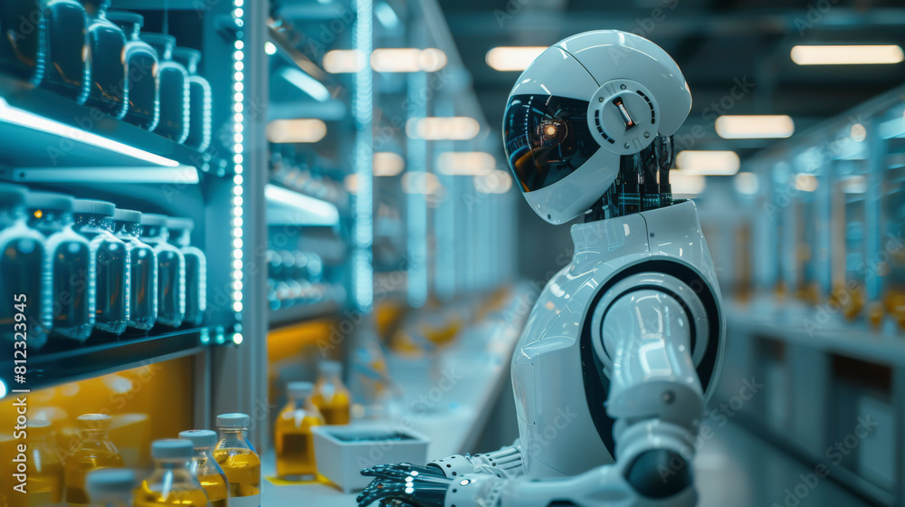 A futuristic robot with a white humanoid head and torso is inspecting vials in a high-tech pharmaceutical manufacturing facility. A futuristic robot with a white humanoid head and torso is inspecting vials in a high-tech pharmaceutical manufacturing facility.
