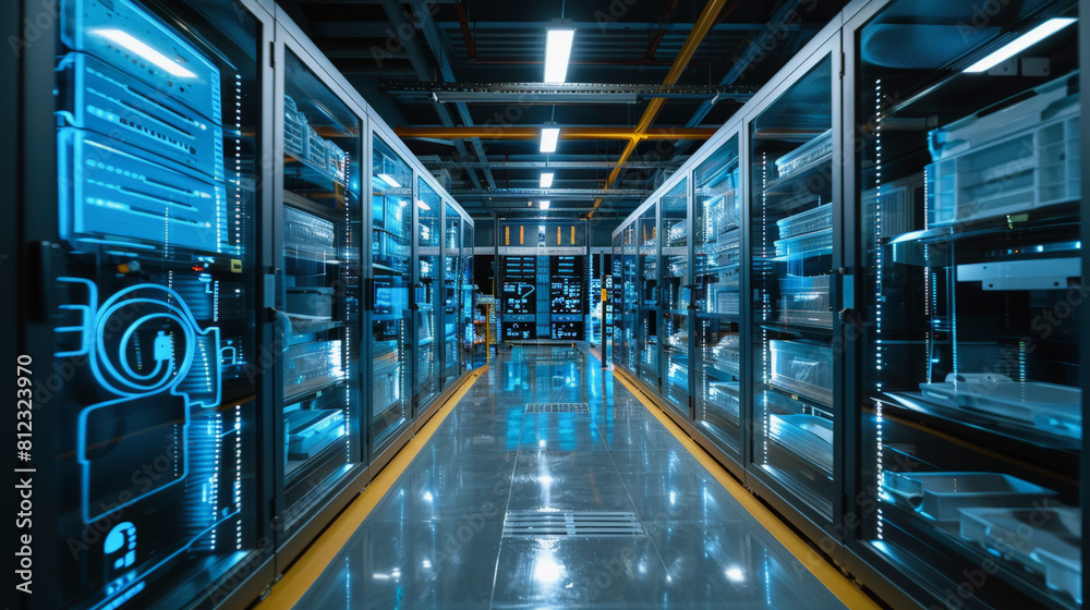Fototapeta premium A modern data center with server racks lining the aisle, reflecting blue LED lights on a glossy floor, symbolizing high-tech and cloud computing infrastructure.