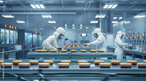 Technicians in cleanroom suits working on a production line in a high-tech manufacturing facility, handling and inspecting products with meticulous care. photo
