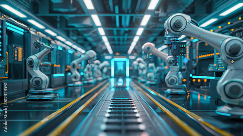 A futuristic industrial scene with robotic arms on an assembly line inside a high-tech manufacturing plant with neon blue lighting and advanced machinery.