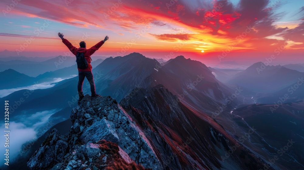 A man stands on a mountain with his hands raised, A man stands on a mountain with his hands raised,
