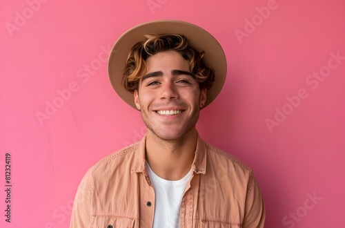 Happy Young jewish Man in Stylish Outfit on Pink Background photo