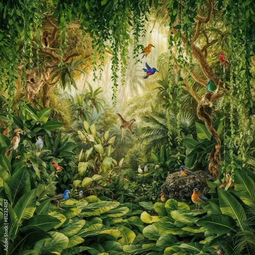 tropical rainforest alive with the sounds of exotic birds and monkeys