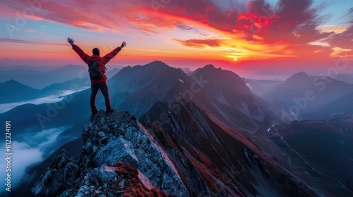 A man stands on a mountain with his hands raised, photo