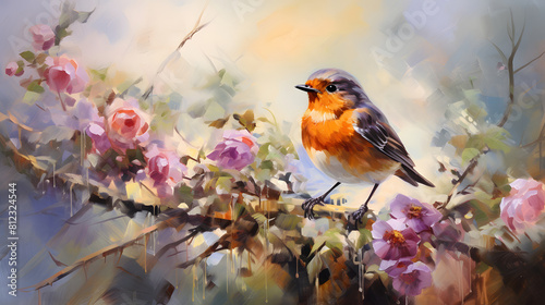 Flowers and bird artistic texture abstract decorative painting © Wu
