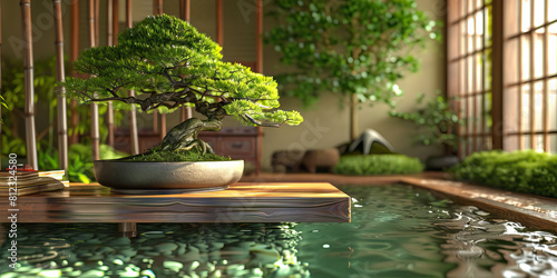 Zen Oasis: A Japanese-inspired desk with a tranquil water feature and a bonsai tree, encouraging mindfulness and peace during work hours. (Green)  photo