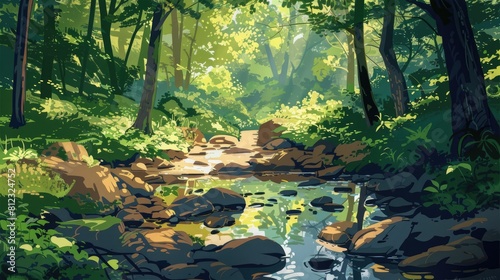 Serene Forest Stream And Babbling Brook With Dappled Sunlight  Woodland Scene For Nature-Themed