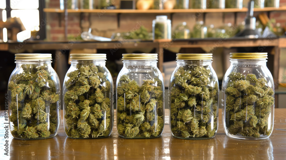 Jars of Dried Marijuana for Sale in Licensed Market Jars of Dried Marijuana for Sale in Licensed Market