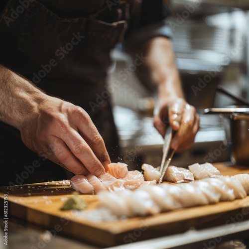 Chef in deep focus assembling flounder sushi precision cut