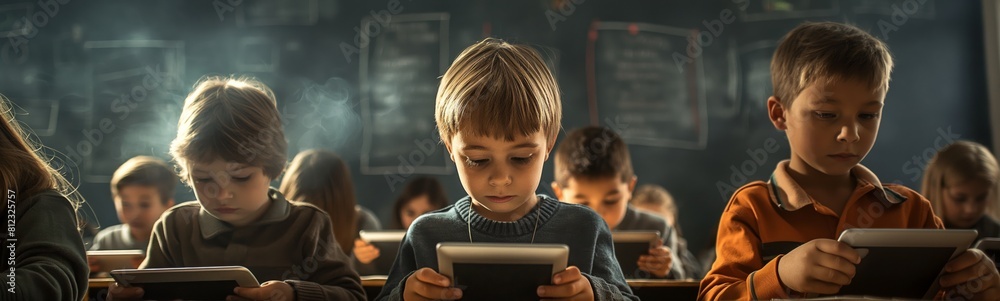 Schoolchildren quietly focusing on their tablets during class Schoolchildren quietly focusing on their tablets during class
