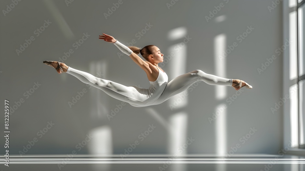 Naklejka premium Young Gymnast Executing Dramatic Acrobatic Routine in Minimalist Studio Setting