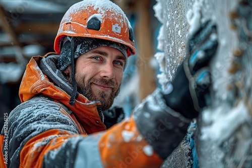 Construction Worker Fitting Styrofoam Insulation Sheets onto House Wall for Thermal Shield