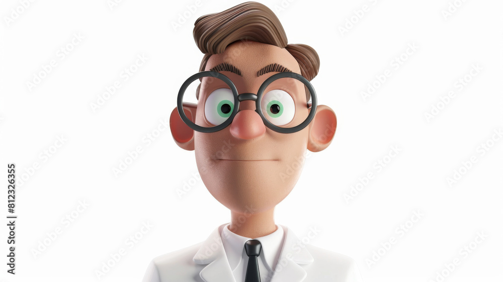 A 3D-rendered cartoon scientist character with oversized glasses and a friendly expression, wearing a white lab coat.