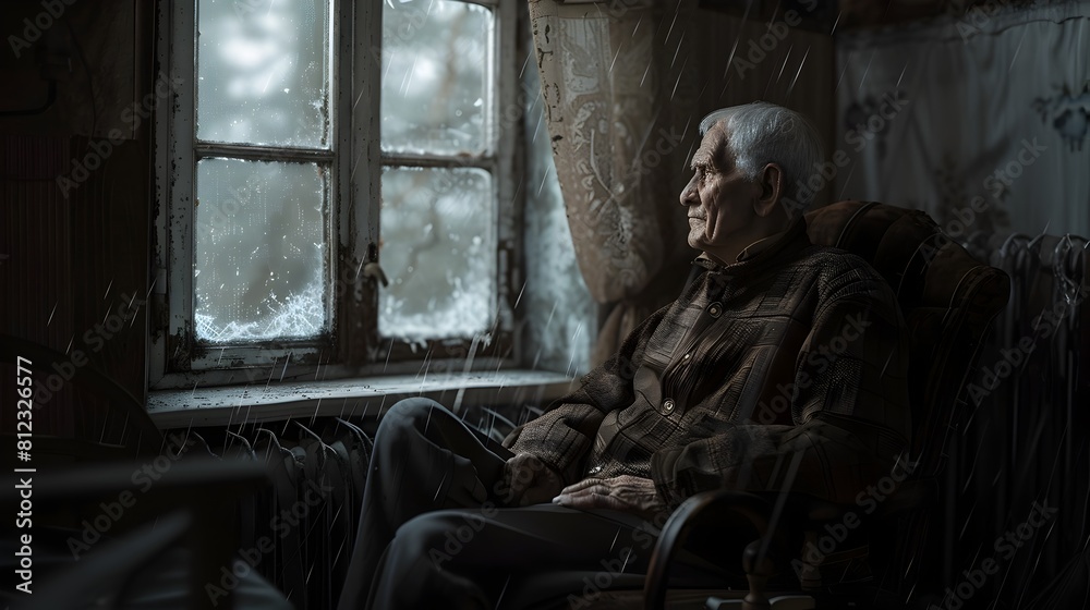 Elderly Man Gazing Out Rainy Window in Modest Home Representing Loneliness and Deprivation of Poverty in Old Age