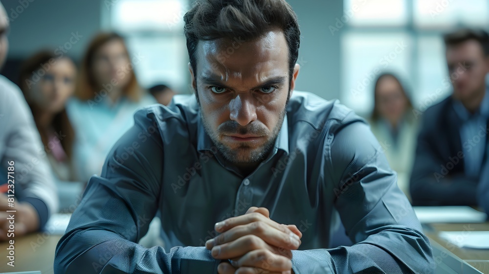 Naklejka premium Nervous Professional Fidgeting in Tense Corporate Meeting with Colleagues in Muted Office Setting