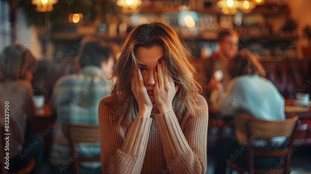 Fototapeta premium Young Woman Shrinking Back from Group Conversation in Cozy Coffee Shop Setting