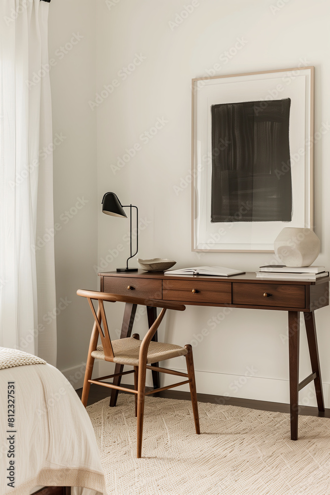 A minimalist Scandinavian-style desk made of walnut wood, placed against the wall of a bedroom interior adorned with black framed art on top.
