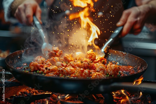 Close-Up: Professional Chef Cooking with Flames in Restaurant Kitchen