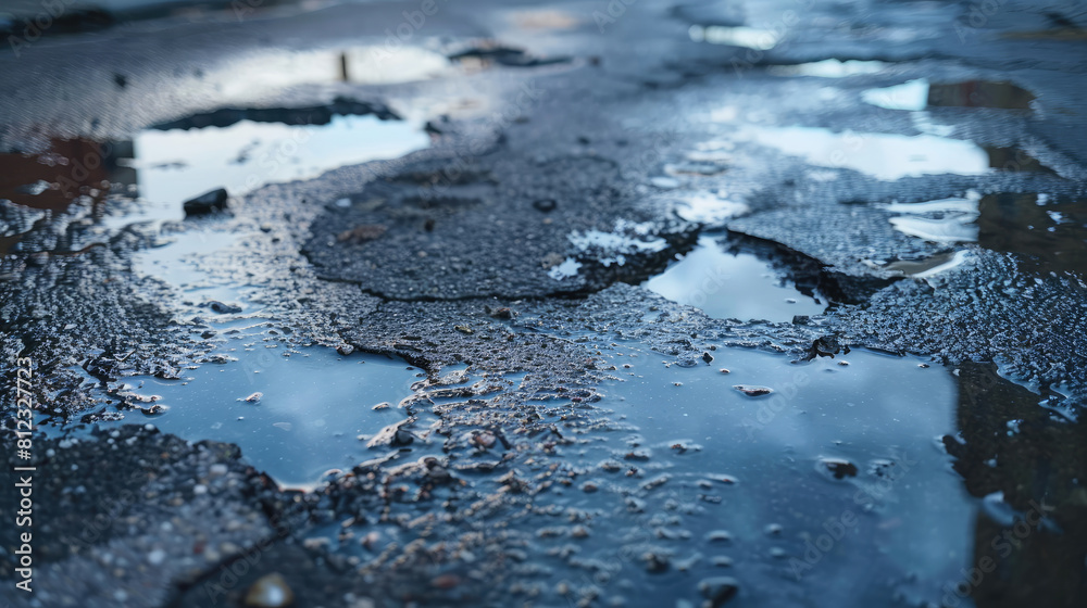 Potholes and Puddles on Worn Asphalt Potholes and Puddles on Worn Asphalt