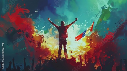 Illustrate a triumphant athlete standing atop the winners podium, draped in their national flag as the crowd erupts in applause