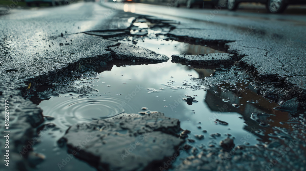 Fototapeta premium Potholes and Puddles on Worn Asphalt
