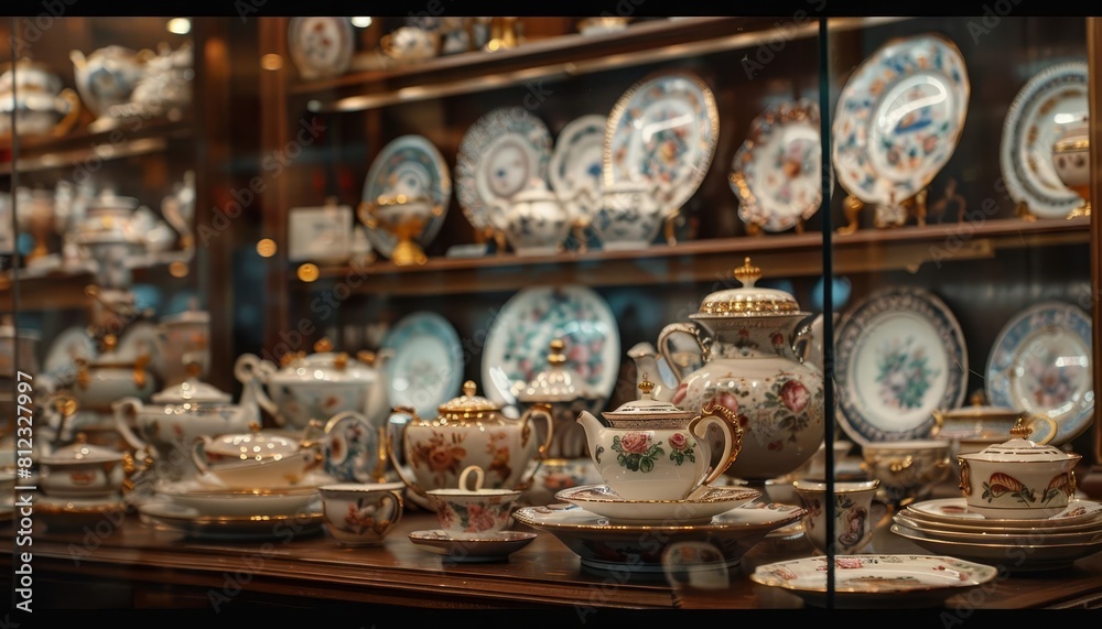 Imagine a curator carefully arranging a display of antique china and porcelain, showcasing delicate teacups, plates, and figurines Imagine a curator carefully arranging a display of antique china and porcelain, showcasing delicate teacups, plates, and figurines