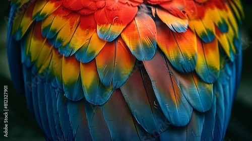 Imagine a closeup of a scarlet macaws vivid feathers, highlighting the intricate patterns and colors inside an aviary © Nawarit