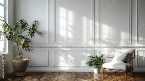 Classic white wall background, brown wooden floor, wall frames and vase leaves
