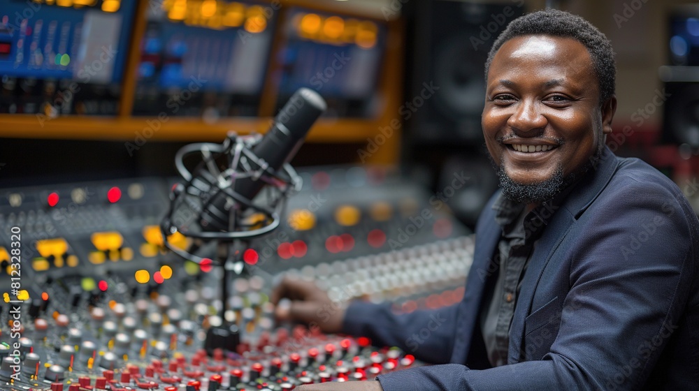A smiling radio presenter wearing headphones reads the news into a studio microphone at a radio station. Generative AI A smiling radio presenter wearing headphones reads the news into a studio microphone at a radio station. Generative AI