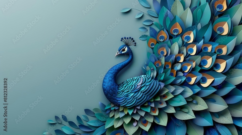 Fototapeta premium paper-cut-style background Peacock in full display , texture and shadow, fashion photography, space for text, 8k.