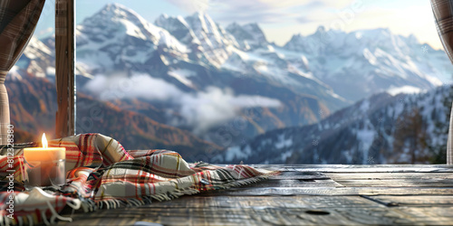 Rustic Mountain Desk: A weathered wood desk with a cozy plaid blanket, a warm candle, and a view of snowcapped mountains, evoking feelings of serenity and peace photo