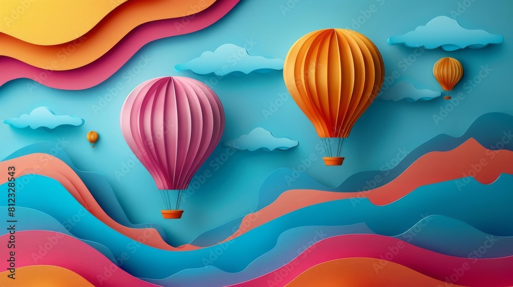 Fototapeta premium paper-cut-style background Hot air balloons , texture and shadow, fashion photography, space for text, 8k.