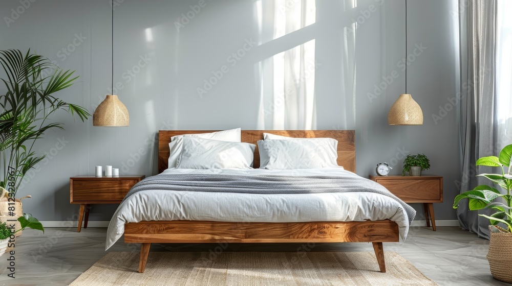 Comfy and stylish bedroom with a wooden bed frame, white bedding, and plants. Comfy and stylish bedroom with a wooden bed frame, white bedding, and plants.