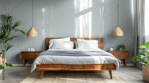 Comfy and stylish bedroom with a wooden bed frame, white bedding, and plants. © admin_design
