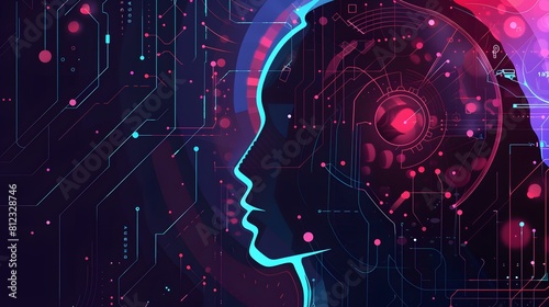 Big data and artificial intelligence concept. Machine learning and cyber mind domination concept in form of women face on dark blue technology background, 3d illustration