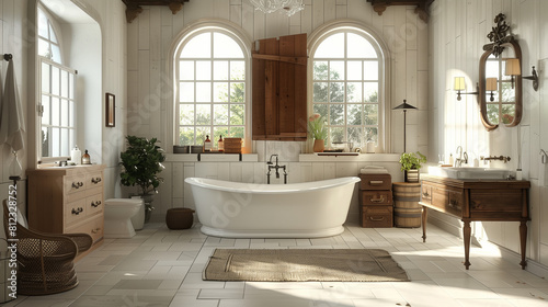 White Bathroom With Large Windows and Bathtub