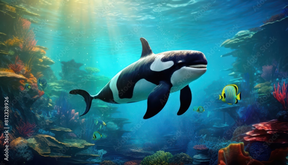 Obraz premium The Orcinus Orca in the ocean, portrait of Orca hunting prey in the underwater