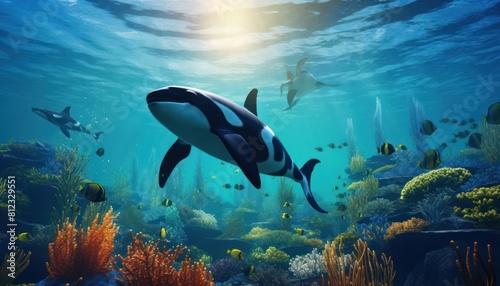 The Orcinus Orca in the ocean, portrait of Orca hunting prey in the underwater