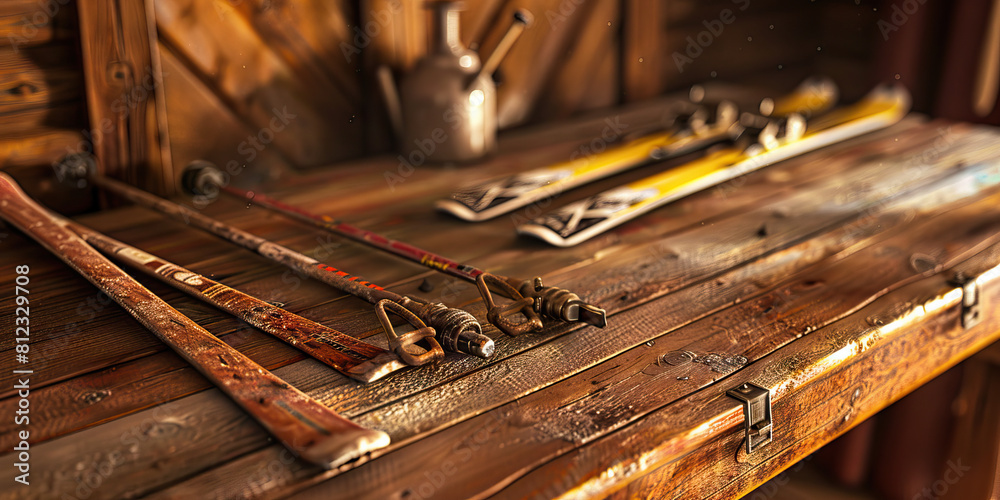 Alpine Lodge Desk: A rustic desk reminiscent of a mountain lodge, with ski poles, vintage skis, and a warm, inviting atmosphere. (Brown) . Alpine Lodge Desk: A rustic desk reminiscent of a mountain lodge, with ski poles, vintage skis, and a warm, inviting atmosphere. (Brown) .