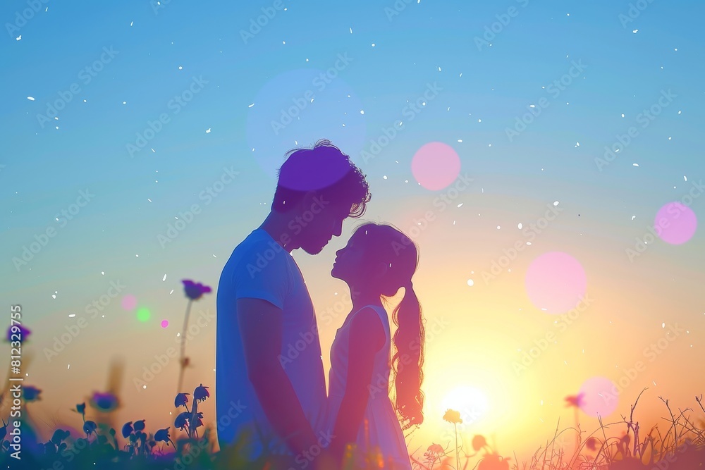 Man and Woman Standing in Field at Sunset. Generative AI Man and Woman Standing in Field at Sunset. Generative AI