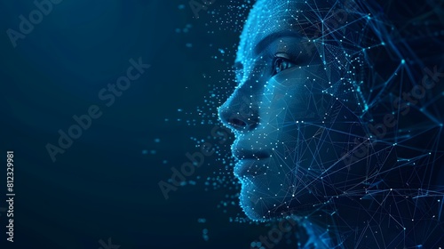 Big data and artificial intelligence concept. Machine learning and cyber mind domination concept in form of women face on dark blue technology background, 3d illustration