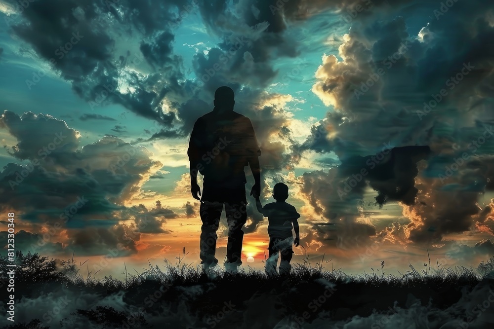 Father and Child Silhouette in Field at Sunset. Generative AI