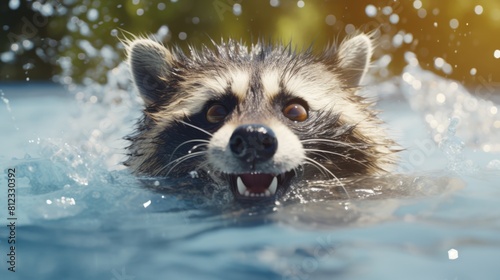 Excited Raccoon In Pool Swimming And Playing In The Water - Generative AI photo
