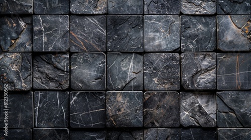 Black square mosaic tiles with a rough texture. photo