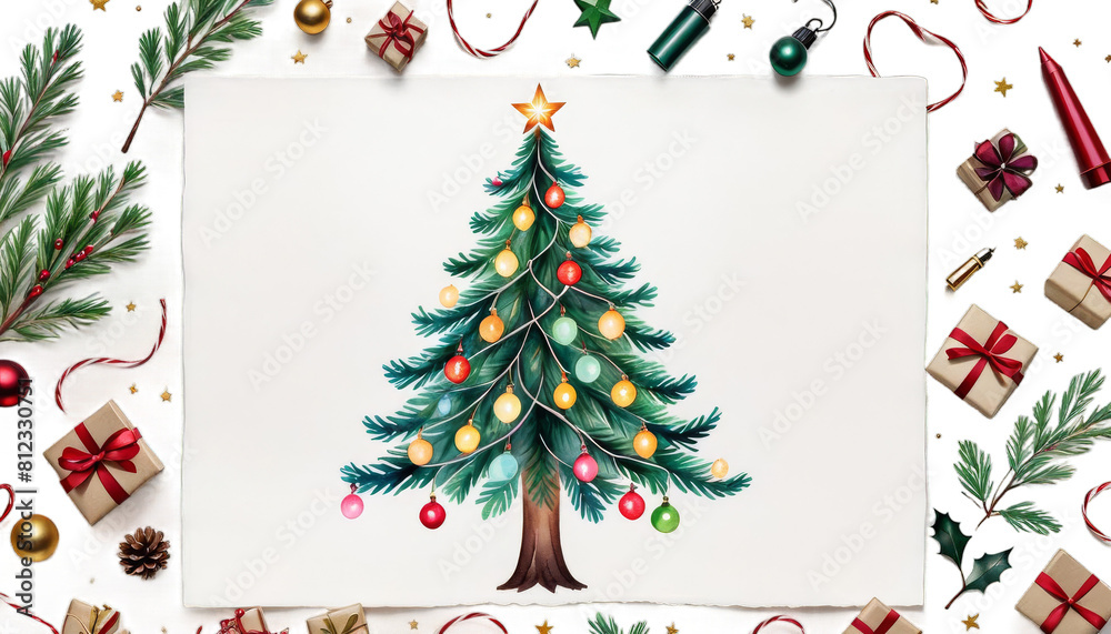 watercolor tree illustration lights christmas fir pine art handcraft hand-made card greeting painting design artwork drawing painted paper vignetting symbol traditional decoration copy space snow